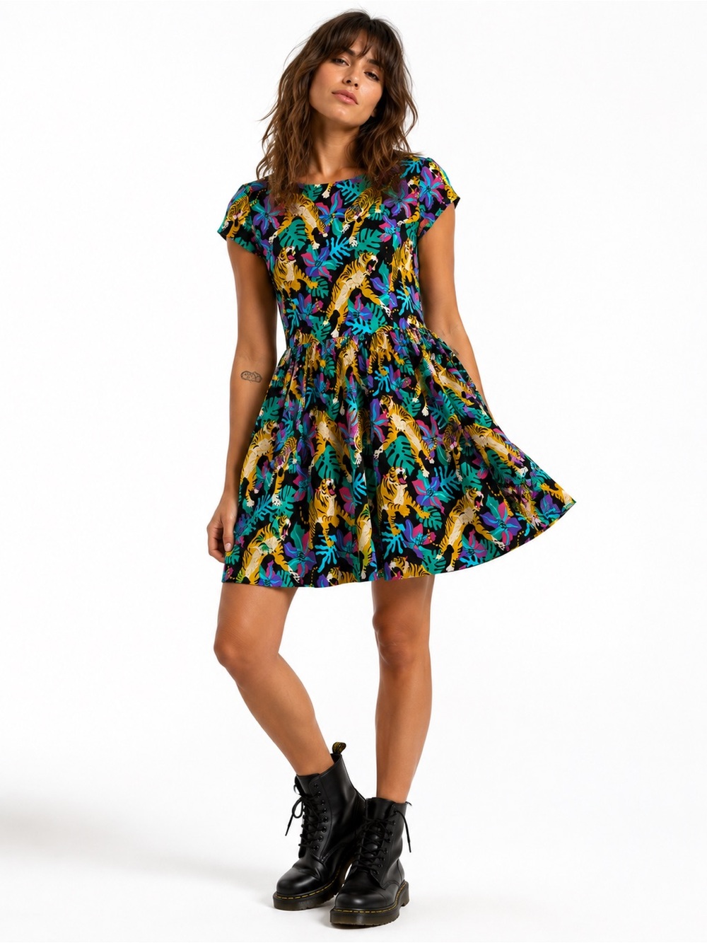 Run & Fly Tiger Tropical Print Fit & Flare Dress Size 14 Jungle Novelty